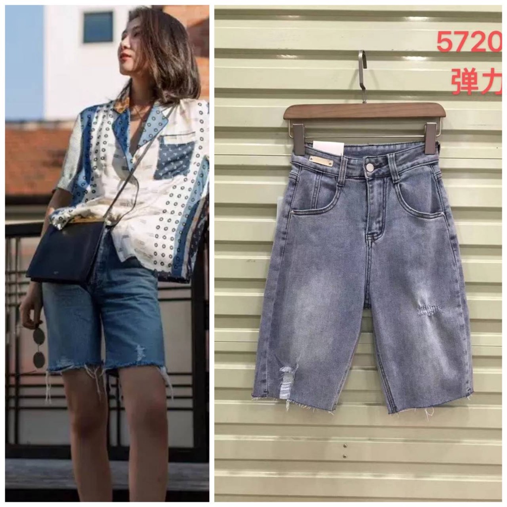 5720 [S M L XL] กางเกงยีนส์ผู้หญิงขาสั้น3ส่วน สุดฮิตสไตล์เกาหลี เอวสูง แต่งขาด ปลายขาตัด ผ้ายืด หนาน