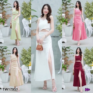 17951 Set 2 ชิ้น เสื้อสายไขว้ด้านหน้า + กระโปรงยาว ผ่าหน้า Set Front cross strap shirt + long skirt with front slit.