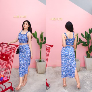 MASS Fashion : Set เสื้อกระโปรง โทรสีฟ้าพิมพ์ลายดอก - Sakura In Sky