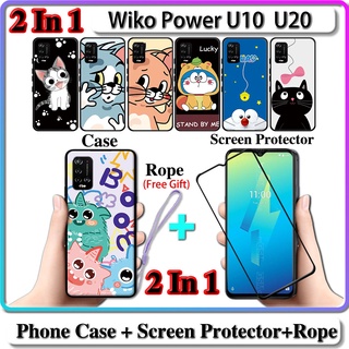 2 IN 1 เคส Wiko Power U10 U20 พร้อมกระจกนิรภัยกันรอยหน้าจอโค้ง เซรามิค ลายแมวและโดราเอมอน