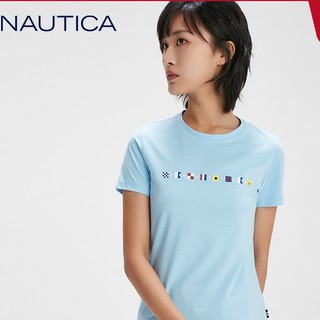 เสื้อยืดสีขาวNautica/Nordica เสื้อยืดลําลองสําหรับสตรีแขนสั้นคอกลมทรงสลิม 02To06