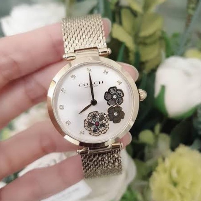 (ผ่อน0%) นาฬิกา สแตนเลส สีทอง ❤️‍🔥Coach❤️‍🔥 ❤️‍🔥Park Crystal Ladies Analog Business Band 14503568 34 mm หน้าปัดลายดอกไม้