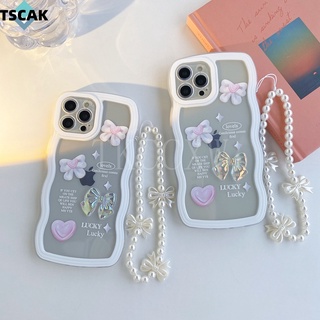 เคสโทรศัพท์มือถือแบบใส กันกระแทก ลายคลื่นหัวใจ โบว์ พร้อมสายคล้องมือ สําหรับ Vivo X27 X50 X60 X70 Pro Y7S Y31S Y52S Y74S Y76S S1 S10 S12 V23 Pro IQOO NEO 3 5 Z1 Z1X Z5 U3