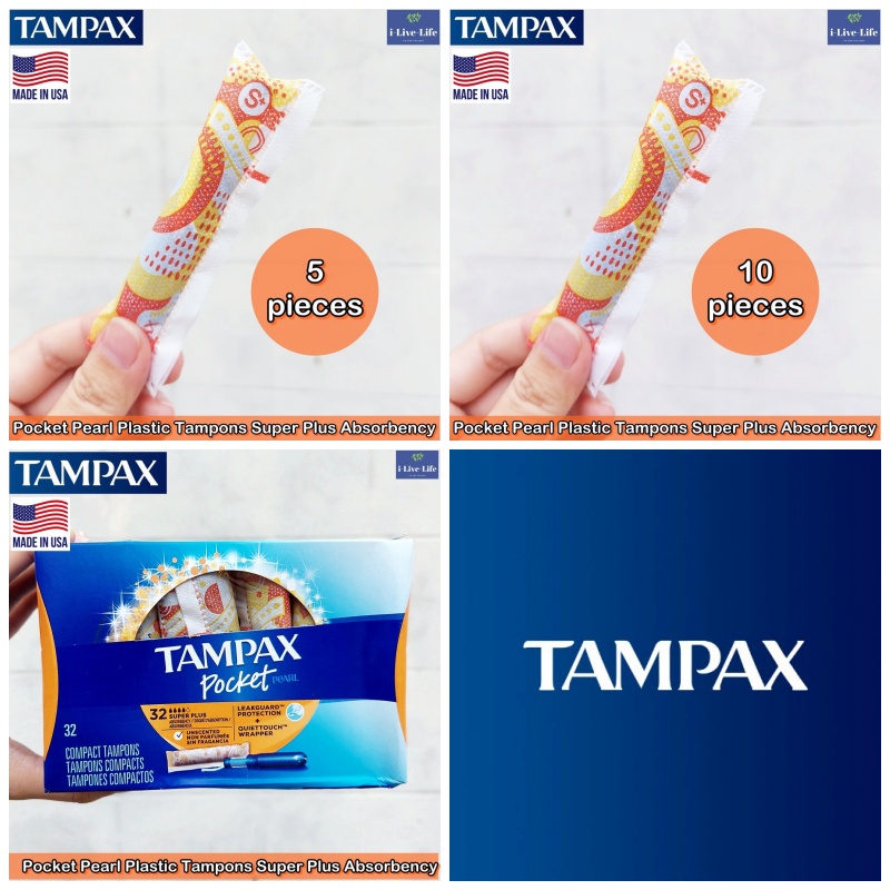 Tampax - Pocket Pearl Super Plus Plastic Tampons 5, 10, 32 Count ผ้าอนามัยแบบสอด ขนาดเล็ก เหมาะกับวันมามาก Compact Size