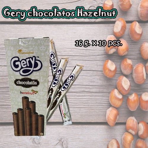 Gery Hazelnut Chocolatos Wafer Roll เวเฟอร์แท่งสอดไส้ช็อคโกแลต ผสมเฮเซลนัท (1 กล่อง 16g x 10pcs)