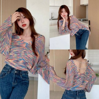 เสื้อผ้านิตต์ตาข่าย แขนยาว คอวีหน้าวีหลังโค้ง