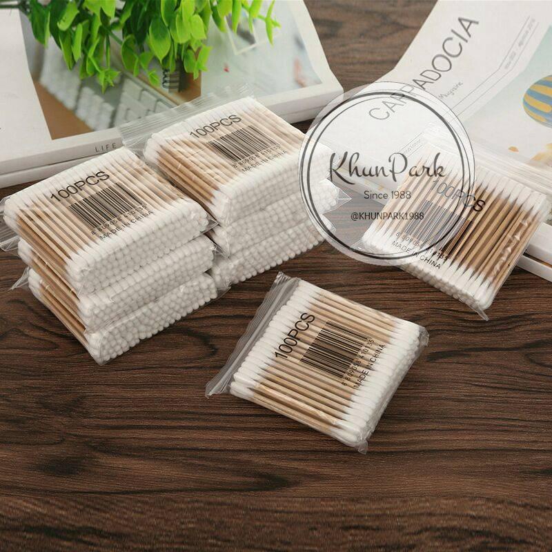 🚀พร้อมส่ง Cotton Buds คอตตอนบัด สำลีปั่นหู ด้ามไม้ อย่างดีไม่รุ่ยง่าย 1แพ็คมี100