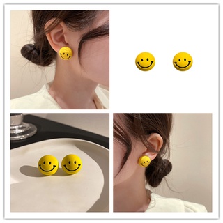 Cod Qipin ต่างหูสตั๊ด ทรงกลม ลายหน้ายิ้ม สีเหลือง เรียบง่าย เครื่องประดับแฟชั่น สําหรับผู้หญิง