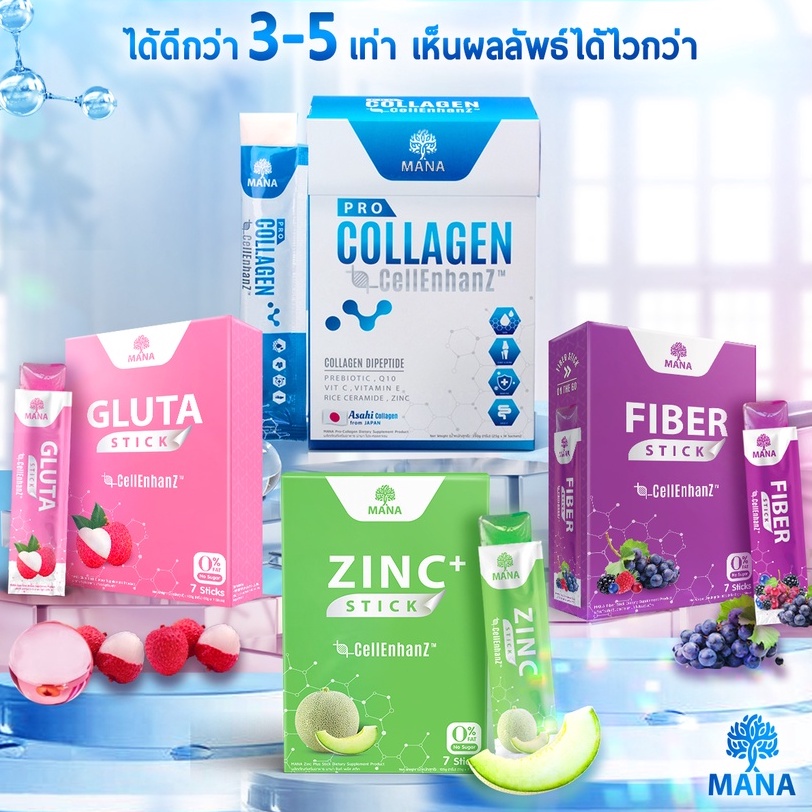 MANA Pro Stick Collagen + MANA Gluta Stick + MANA Zinc Stick + MANA Fiber Stick มานา คอลลาเจน เคี้ยว