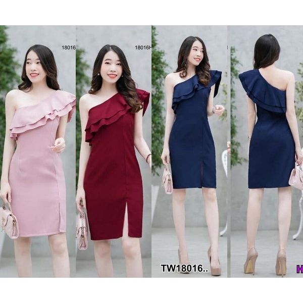 "ส่งไว 1-2วันถึง 18016ชุดแซกออกงานเรียบหรู ระบายไหล่ เนื้อผ้าซาร่าสีพื้น ##งานเลี้ยง#เดรสออกงาน#"