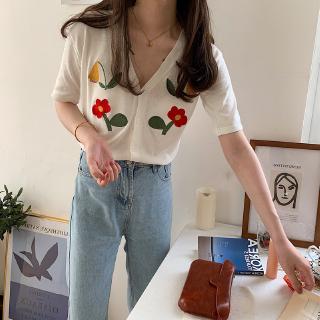 French knit outer cardigan 2020 summer new loose embroidery flower sweater short-sleeved female ins trend