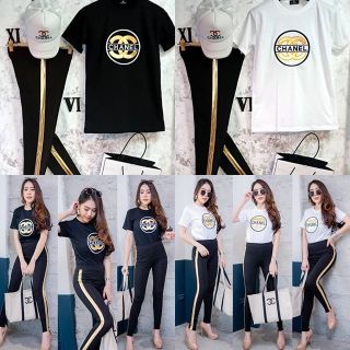 SET2ชิ้น เสื้อ ผ้าคัตตอน+กางเกง เลกกิ้ง แถบทอง