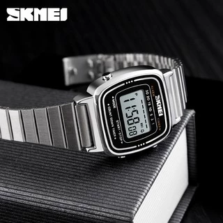 SKMEI 1901 นาฬิกาข้อมือผู้หญิง ดิจิตอลทรงสี่เหลี่ยม สายสเตนเลส กันน้ำ 30M นับถอยหลัง จับเวลา นาฬิกาปลุก แสดงวันที่ วันในสัปดาห์ ระบบ 12/24 ชั่วโมง