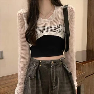 ส่งทันที Cici(NO. 78040)เสื้อคลุมแขนยาวไหมพรมคอกลม ตาข่าย ซีทรูเพิ่มดีเทลเว้าหน้าอกสไตล์โคเรียเวอร์