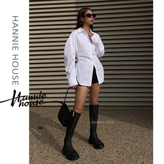 Hannie-Women Waist Solid Color Lapel Neck Long Sleeve Button Down Tunic Casual Shirt