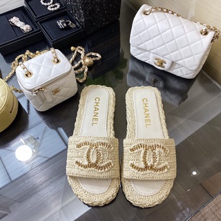 Chanel 2021ss รองเท้าหญิง รองเท้าแตะ รองเท้าแตะส้นแบน หนังแท้แบรนด์เนน  เย็บปักถักร้อย size35-40