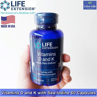 วิตามินดี และ เค Vitamins D and K with Sea-Iodine 60 Capsules - Life Extension ไอโอดีนจากพืชทะเล #วิตามินเค