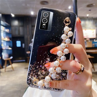 เคสโทรศัพท์ Vivo Y76 5G V23e V21 Y15s Y33s Y21 Y12s Y12A X70 Pro ใหม่สร้อยข้อมือไข่มุกเคสใส่โทรศัพท์ 3D Glitter สว่างแวววาวเลื่อมนุ่ม เคสVivoV23e VivoY76 VivoY15s