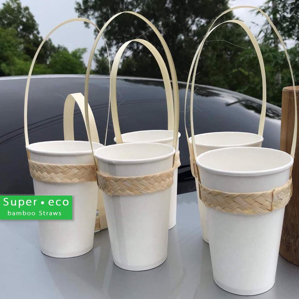 หูหิ้วไม้ไผ่ หูหิ้วแก้ว ลายถักสาน 100 ชิ้น/แพค แบบลายสานหูหิ้วแก้วไม้ไผ่ สำหรับใส่แก้ว 16-22 ออนซ์