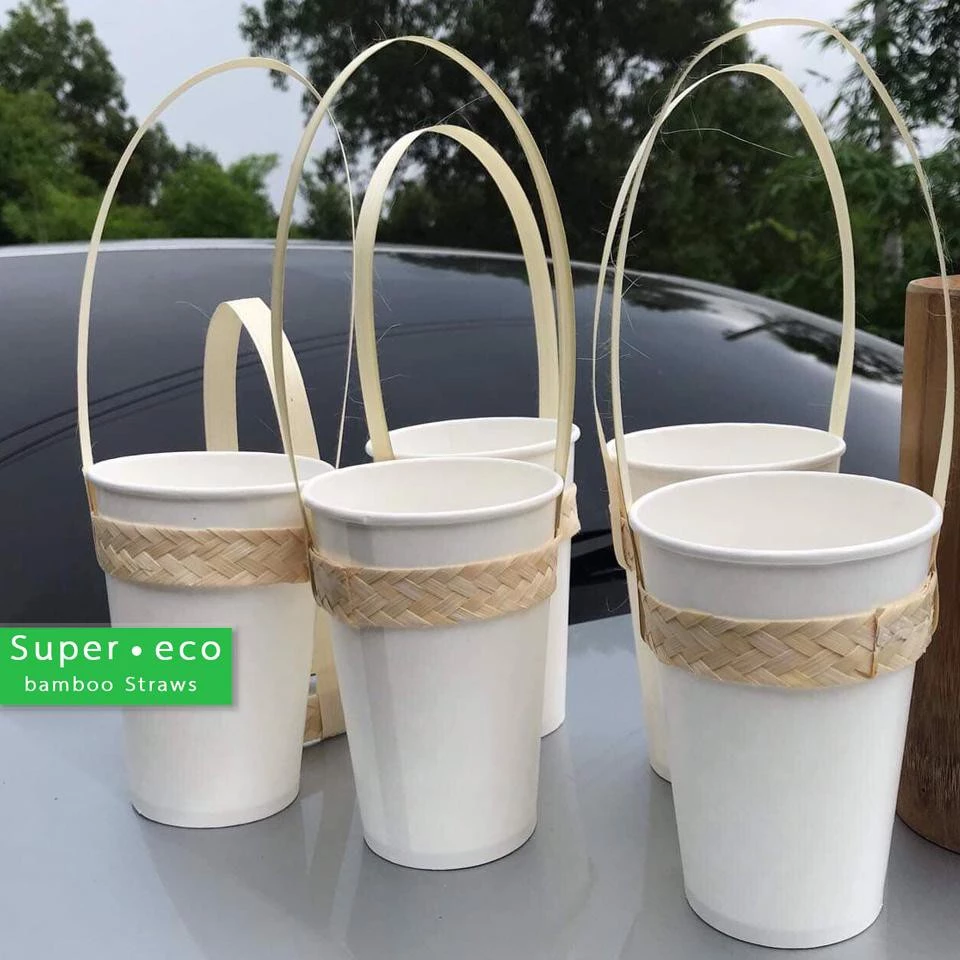 หูหิ้วไม้ไผ่ หูหิ้วแก้ว ลายถักสาน 100 ชิ้น/แพค แบบลายสานหูหิ้วแก้วไม้ไผ่ สำหรับใส่แก้ว 16-22 ออนซ์