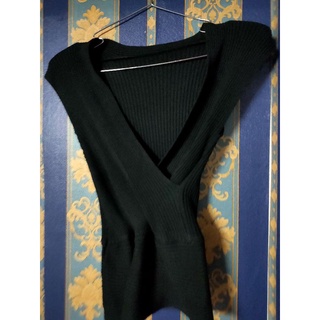 เสื้อไหมพรมผ้าร่อง สีดำ แขนกุด คอวี ผ้ายืด 114-150 อก34 ยาว21