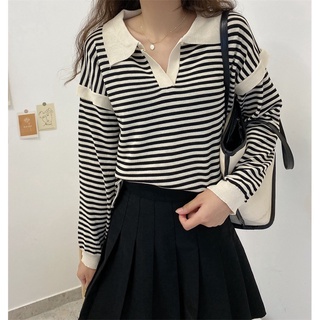 Suxi Autumn Stripe Long Sleeve Knitted Polo Shirt Womens Korean Chic Loose Tops