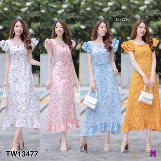 &lt;TW13477&gt;Maxi dress คอเหลี่ยม แขนระบาย 2 ชั้น ติดกระดุมหลอกด้านหน้า เนื้อผ้าด๊อบบี้พิมพ์ลายดอกไม้