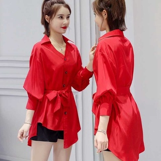 [Fashion] เสื้อเชิ้ต ผ้าชีฟอง สีแดง ความยาวปานกลาง สไตล์ใหม่ แฟชั่นฤดูใบไม้ผลิ ฤดูใบไม้ร่วง สําหรับผู้หญิง