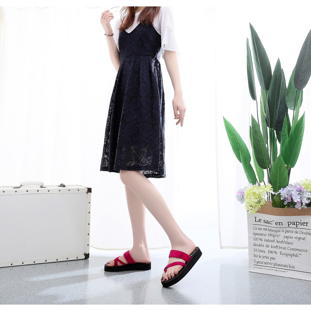 Fashion Women's Toe slippers รองเท้าแตะสวม แบบรัดส้นมีหู ความสูง 3cm (สีดำ.สีแดง) - รูปที่ 6