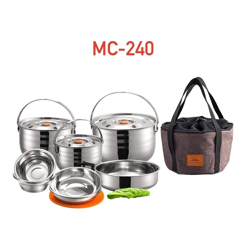 ชุดเครื่องครัว แสตนเลส Campingmoon MC-210 240 เกรดพรีเมี่ยม สำหรับ6-8คน พร้อมกระเป๋าจัดเก็บอย่างดี