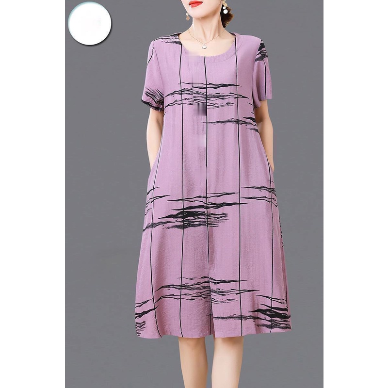 เดรสคนอวนไซสใหญ 4XL ชดเดรสผาฝายพมพลาย ทรงเอ คอกลม ชดเดรสกระโปรงยาวแฟชนผหญง พรอมสง