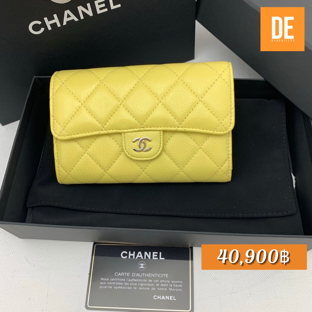 กระเป๋า New Chanel trifold wallet, medium  6" yellow,  Holo309 full set, copy rec europe