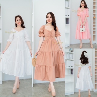 ชุดเดรสยาว lll Freesize lll PE077 แขนตุ๊กตา แต่งจีบหน้าอก ดีเทลเก๋ เนื้อผ้าไหมอิตาลี อย่างดี