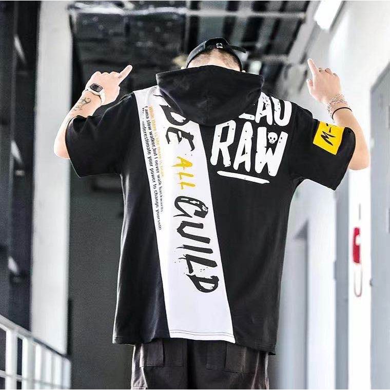 NEW❤️เสื้อผู้ชายแขนสั้นมีฮู้ด✨✔ เสื้อแฟชั่นผู้ชายสไตล์เกาหลี