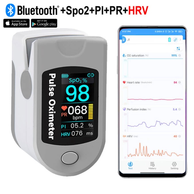 Pulse Oximeter HRV Mini Protable Bluetooth Fingertip Pulse Oximeter Heart Rate Blood Oxygen Saturation SpO2 PR PI HRV
