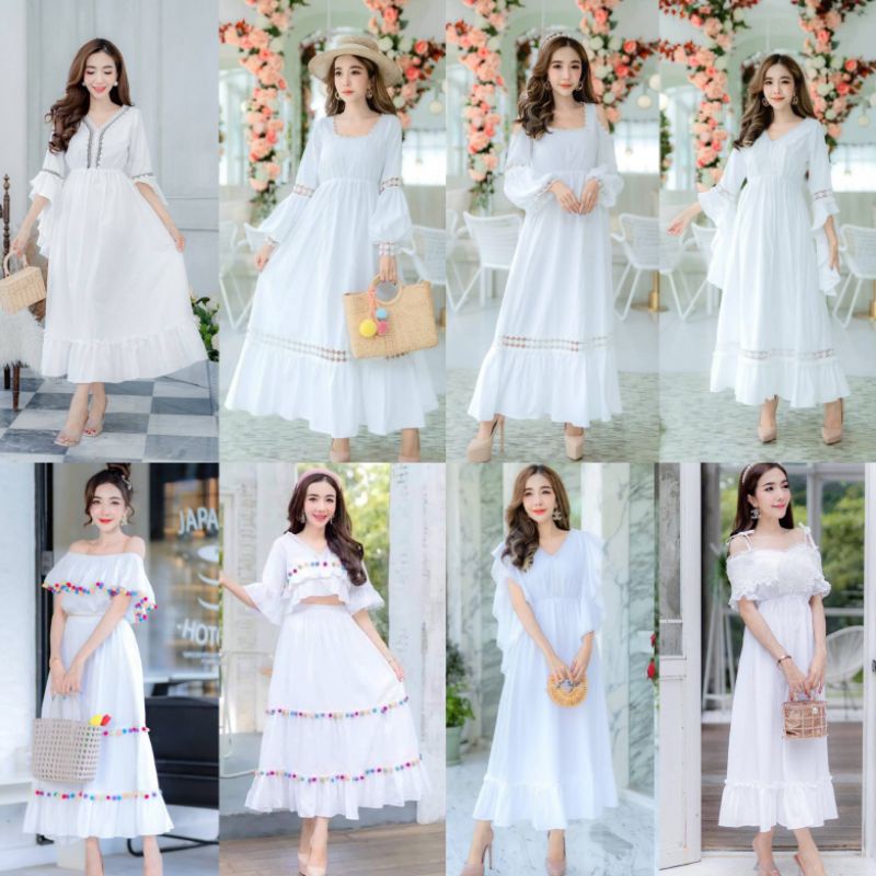 เดรสสีขาว เดรสขาว ชุดกระโปรงขาว อก32-42 เอวยางยืด 28-40ยาว48นิ้ว ผ้าคอตตอนเนือดี ไม่บาง ส่งไทย