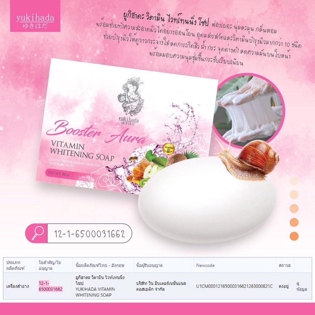 สบู่ผิวขาว กลูต้าไวท์ ขาวเร็วทันใจ7วัน ยูกิฮาดะ ออร่าไวท์เทนนิ่ง Yukihada Aura Vitamin Whitening Soap 80 g.