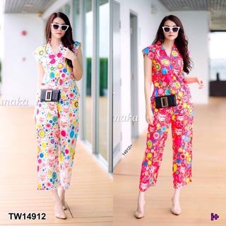 TW14912  Set 2 ชิ้น เสื้อคอปกแหลม แขนกุด กระดุมหน้า มาคู่กับกางเกงขา9ส่วน เอวสม็อก เนื้อผ้าไหมญี่ปุ่น พิมพ์ลายลูกอม