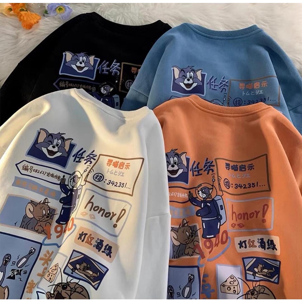 CAT AND MOUSE 2SIDEอินเทรนด์สไตล์เกาหลีเสื้อกันหนาวCrewneckเสื้อกันหนาวKpopผู้หญิงขนาดใหญ่แฟชั่นชุดเ