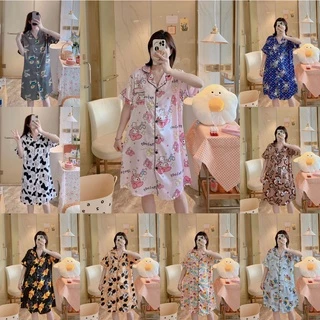 B222★ส่งจากไทย★ชุดนอนซาตินกระโปรงเดรส สีพื้นแฟชั่นสไตล์เกาหลี ลายน่ารัก