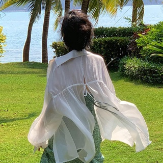เสื้อเชิ้ตแขนยาว แบบบาง ป้องกันแดด สีขาว แฟชั่นฤดูร้อน สไตล์ฝรั่งเศสเรโทร สําหรับผู้หญิง