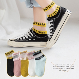 Novelty Letter Ruffle Sheer Tulle Socks Women Patchwork Transparent Thin Crew Socks Spring Cotton Japanese Socks White Non Skid Sock