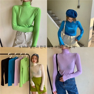 【  S Miss 】 New ins basic high neck solid color thin T-shirt long sleeved bottomed shirt slim top T-shirt women