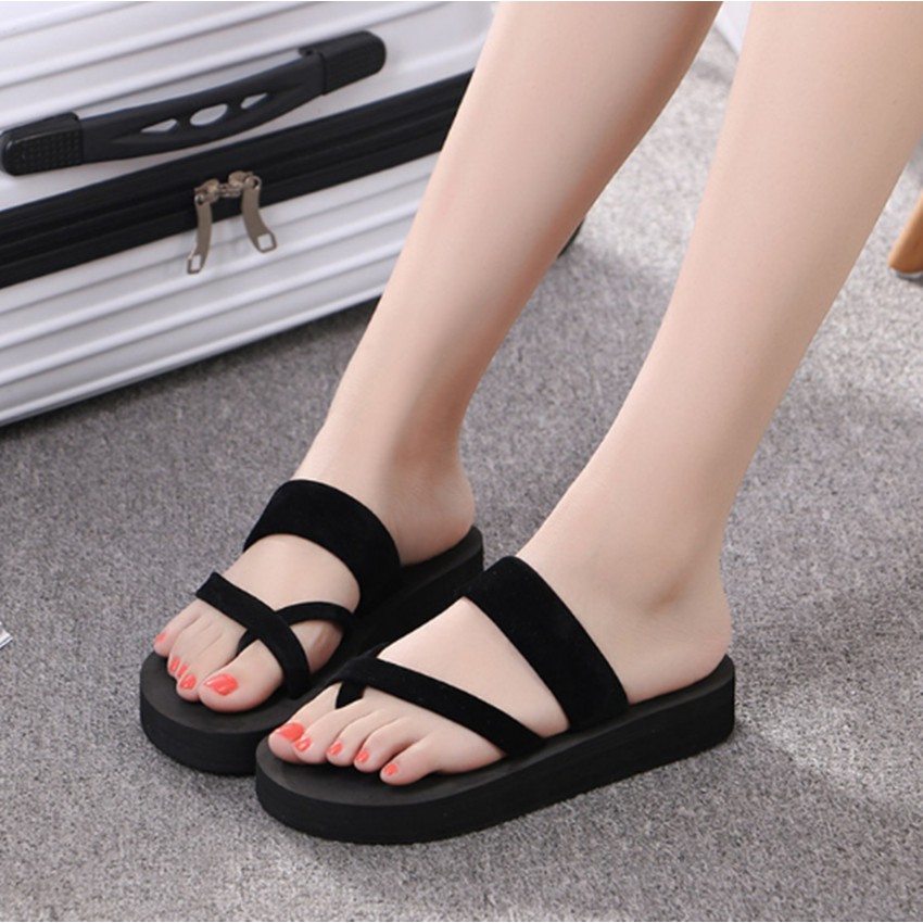Women's Toe slippers รองเท้าแตะสวม แบบมีหู ความสูง 3cm รุ่น A502 สีดำ