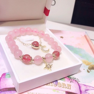 กำไลหิน2 ชิ้น สร้อยข้อมือหินสตอเบอรี่ควอตซ์ [Strawberry Quartz]และ หินโรสควอตซ์ [Rose Quartz]• การงาน•คริสตัล ความรัก