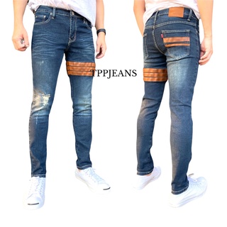 JEANSEXPRESS Skinny Jeans กางเกงยีนส์สกินนี่สีบลูฟอกแต่งขาด 3แถบหนัง ผ้ายืด สวมใส่สบาย Size 26-36 รับชำระปลายทาง