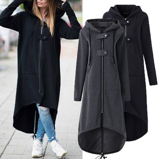 ZANZEA Women Hooded Long Sleeve Zipper Drawstring Casual Irregular Solid Coat