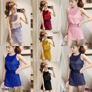 TW6591 Set 2 ชิ้น เสื้อคอกลมไหล่ล้ำ+กางเกงกระโปรงสั้น