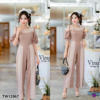 12967 Jumpsuit จั๊มสูทขายาว เปิดไหล่ ติดเลื่อมดอกเพชร Long-sleeved jumpsuit with open shoulders