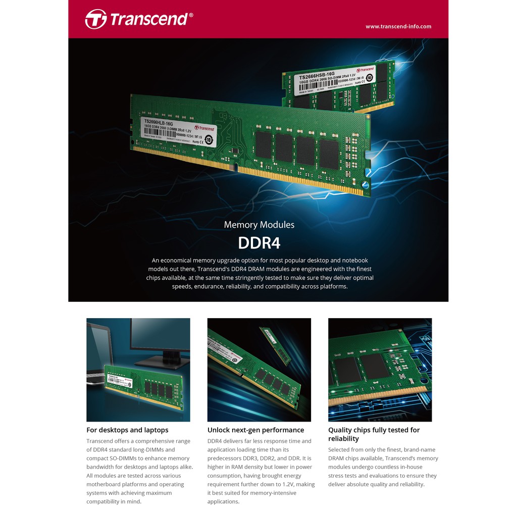 Transcend RAM-Memory DDR4-3200 U-DIMM 32GB - รับประกันตลอดอายุการใช้งาน- JM3200HLE-32G